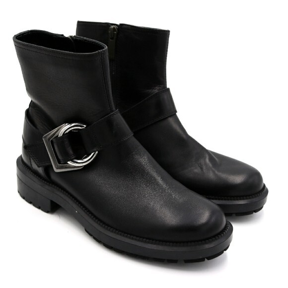 Aquatalia Black Leather Moto Ankle Boots Silver Buckle Side Zip Size